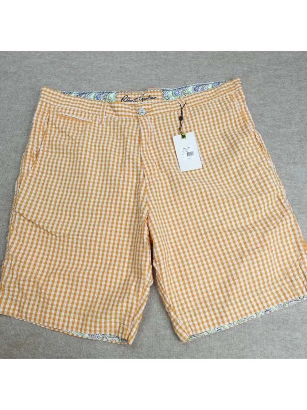 Robert Graham Mens Shorts 40 Orange Plaid Forgione Seersucker Side Adjusters NEW